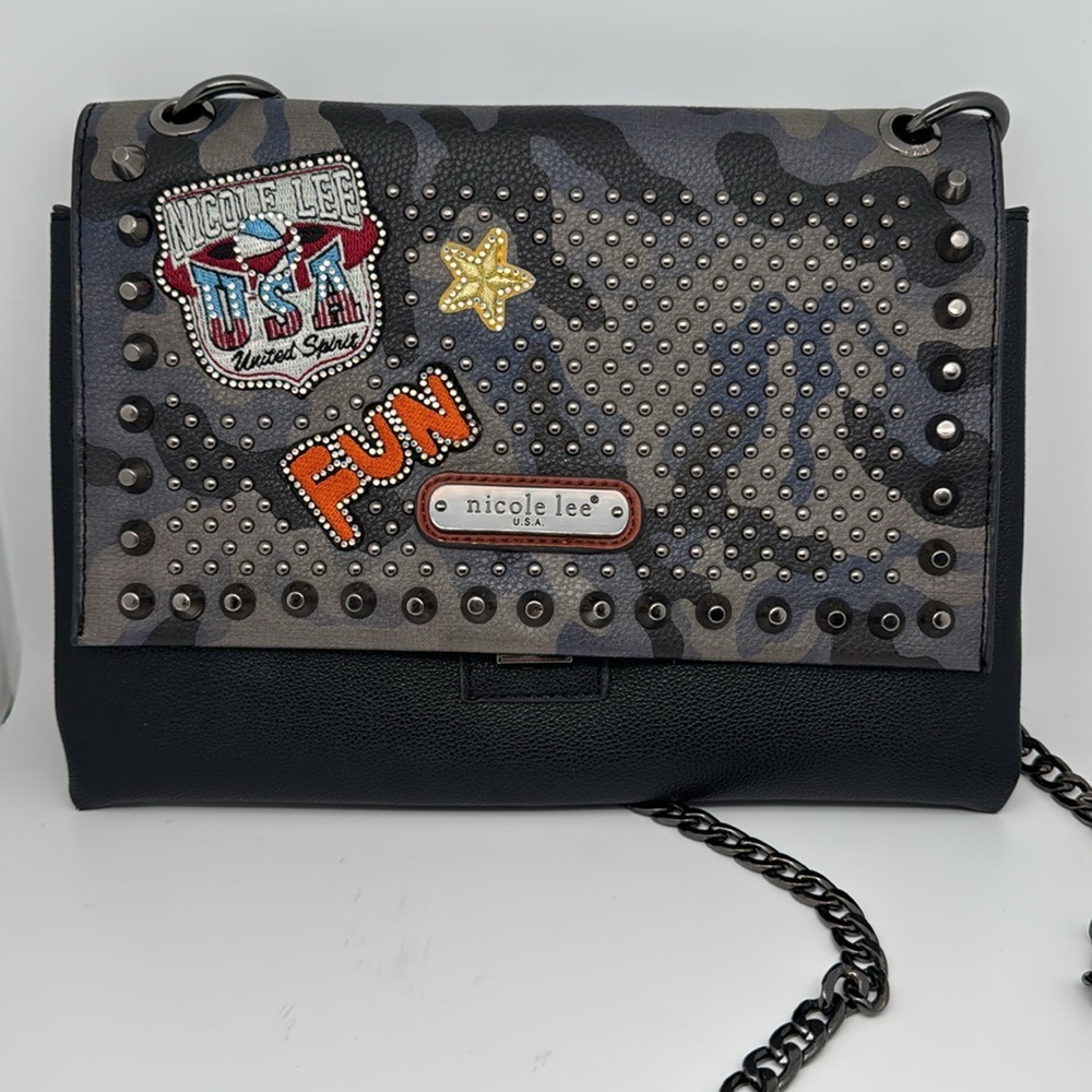 Nicole Lee USA Fun Chain Crossbody Black Gray Bag‎ Purse - Picture 2 of 11